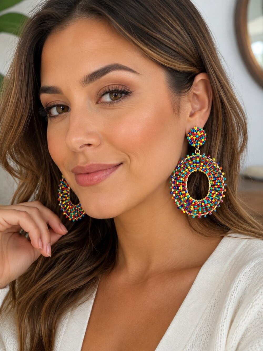 Treasure Multicolor Seed Bead Oval Statement Stud Earrings Boho 7.5cm